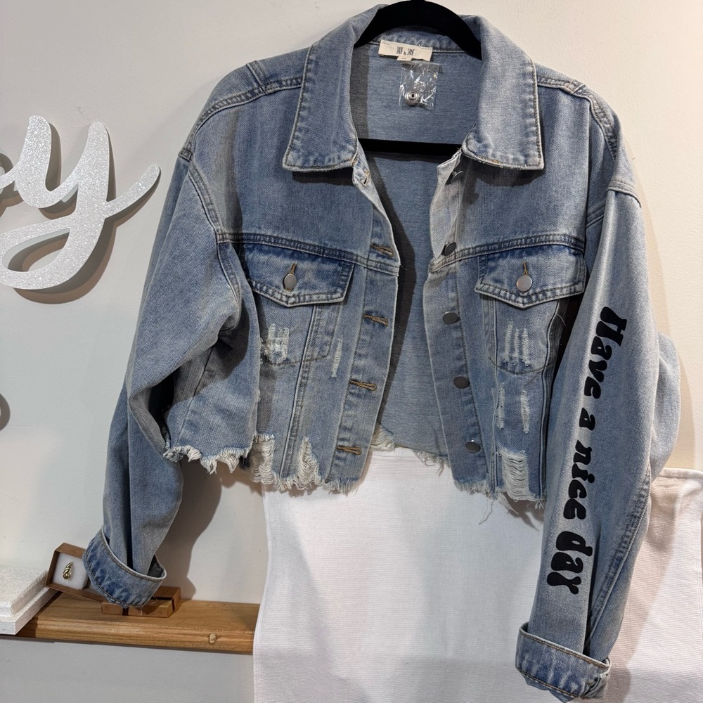 Really HAPPY Distressed Denim Jacket size Medium by designer Jade by Jane